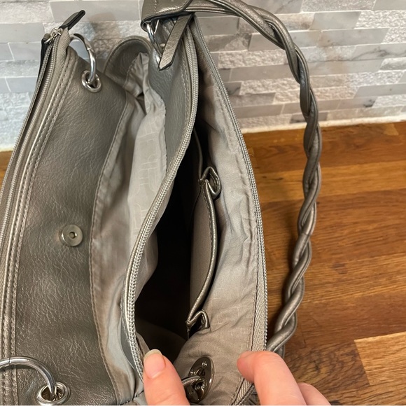 Rosetti Silver Metallic Satchel Shoulder Bag Faux Leather Braided Straps - Picture 8 of 14